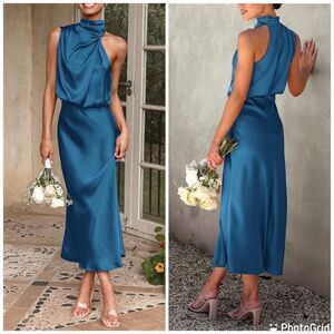 New Satin Dress Elegant Sleeveless Mock Neck Cocktail Party Maxi Teal Dress